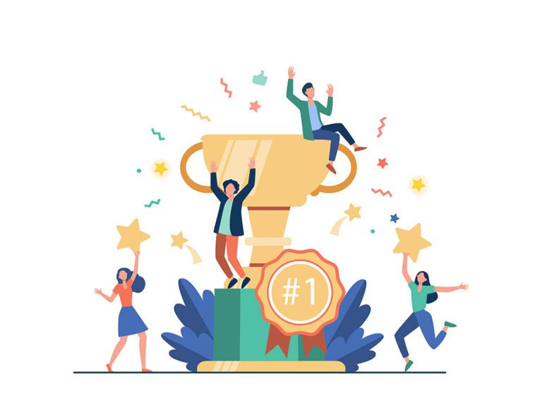 Team of happy employees winning award